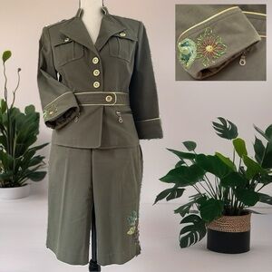 Cynthia Steffe Olive Green Embroidered Blazer & Knee Length Pants